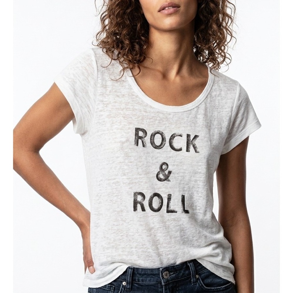 Zadig & Voltaire 100% Linen Walk Rock & Roll Tee Blanc White Women Size XS Top